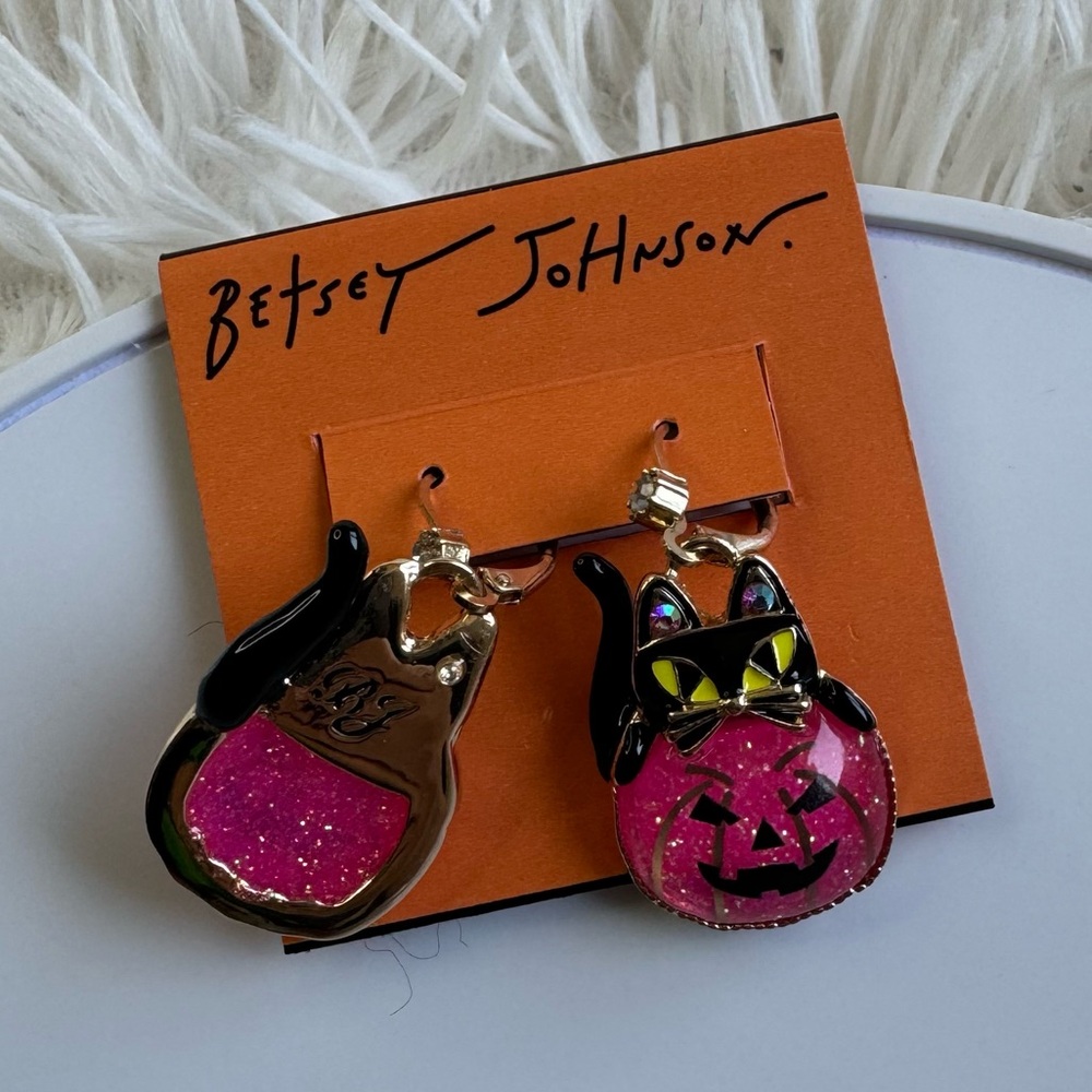 Betsey Johnson Rare Halloween Pink Pumpkin Black Cat Earrings - Picture 9 of 12